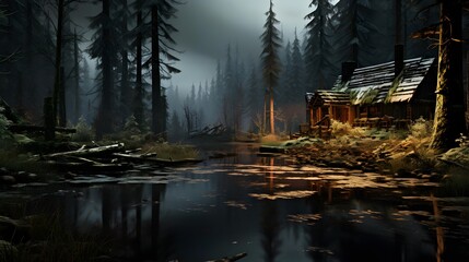Panoramic view of a small wooden house in the middle of a forest lake