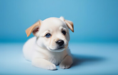 A white puppy on a blue studio background.