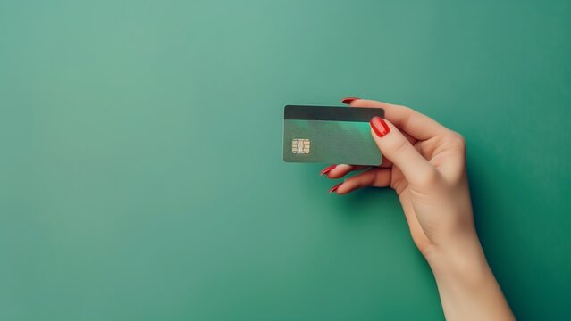 Female hand holding credit card on green background