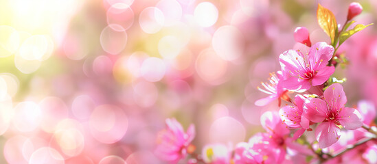 架空のピンクの花の美しいボケのあるフレーム画像