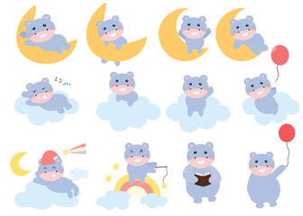 set of baby hippo, uicorn, lion isolated on white background.