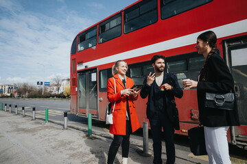 Three friends laughing and sharing stories during a bright daytime gathering beside a classic red double-decker bus.