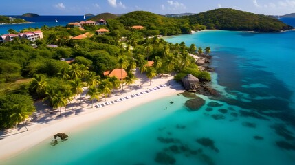 Aerial view of beautiful tropical beach with turquoise water and white sand