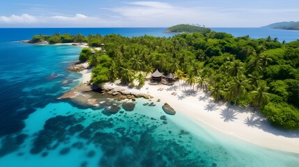 Aerial view of beautiful tropical island with white sand beach and turquoise sea - obrazy, fototapety, plakaty
