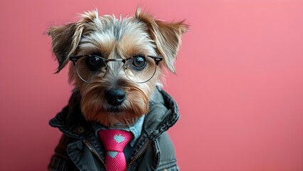 Stylish dog in jacket tie glasses posing against pink backdrop ideal for marketing. Concept Fashion Photoshoot, Dog Model, Stylish Pet, Pink Backdrop, Marketing Shots