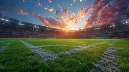 Soccer stadium in the morning sunrise - obrazy, fototapety, plakaty