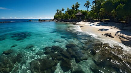 Panoramic view of tropical beach with turquoise water and white sand