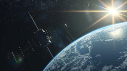 a satellite orbiting Earth. The satellite is equipped with large solar panels on either side