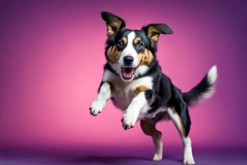 'dog agile background active color solid purple high jumping agility jump sport pet flying action amusing animal athletic canino carefree cheerful copy space cut-out cute doggy flight fun funny happy' - obrazy, fototapety, plakaty