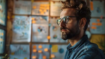 A focused businessman analyzing project plans on wallmounted boards in office. Concept Business Strategy, Project Management, Professional Development, Workplace Efficiency