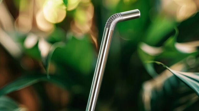 Closeup of a stainless steel straw This reusable straw is made from ecofriendly stainless steel and is a sustainable alternative to singleuse plastic straws. .