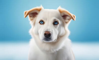 Portrait of a beautiful white dog with blue eyes on a blue studio background.