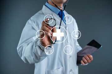 Medicine doctor man with hologram network virtual screen interface icons.