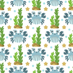 Funny crab seamless vector pattern. Cute sea animal in a shell, with claws. Friendly ocean creature swims among algae, starfish, bubbles. Hand drawn aquatic pet. Marine life background for kids