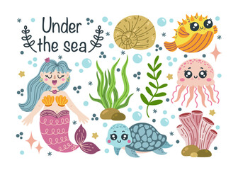Sea life vector set. Ocean creatures - cute turtle, little mermaid, puffer fish, funny jellyfish. Underwater animals on the seabed among seaweed, corals, shells, starfish. Hand drawn marine clipart