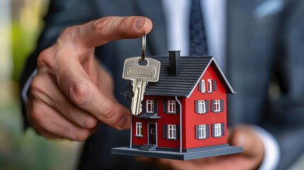 Real estate man holding house with a key advertising A person in a suit is holding a small wooden house in the palm of their hand and is inserting a key 