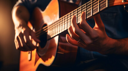 Naklejka premium A close-up of a guitarist's hands strumming chords