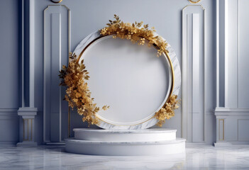 'marble showcase flowers Blank decorated botanical golden 3d mockup podium frame render leaves abstract background floral white product poduim three-dimensional round' - Powered by Adobe