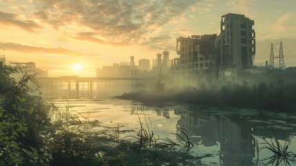 Naklejka premium Sunrise over dilapidated urban landscape reflecting on calm waters amidst overgrown foliage