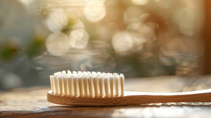 Closeup of a wooden toothbrush with biodegradable bristles offering an ecofriendly option for daily oral hygiene. .