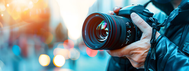 A close-up of travel photographer with DSLR digital camera lens