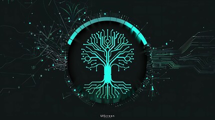 Futuristic logo of tree of life made from circuit board, solid background, bright color palette, teal and black