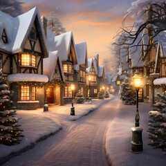 Beautiful winter landscape with snow-covered street, houses and christmas trees
