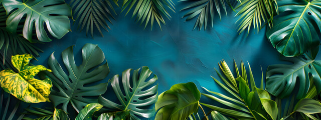 Fototapeta na wymiar A blue wall with tropical botanical plant surrounding frame