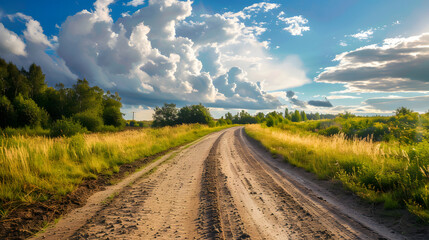 Fototapeta na wymiar A dusty countryside road winds through a green field under a bright summer sky