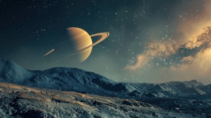 Universe saturn planet in space with panorama landscape fantasy background