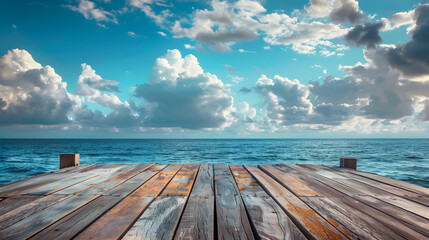 An empty space, long wooden pier juts out towards the horizon on a beautiful ocean sea in summer day