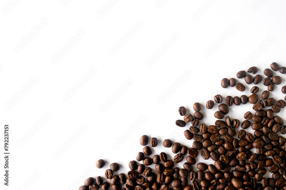 Wall mural coffee bean on white table background. top view. space for text