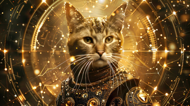 a cat in fancy clothes in a black and gold sparkly armor made with rhinestones, gold futuristic background