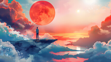 Dramatic landscape with fiery sunset colors bleeding into a dark, star-studded night sky above the ocean, design in illustration