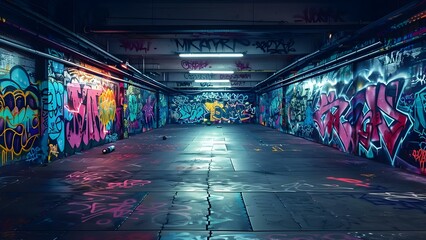 Gritty gym ambiance enhanced by colorful graffiti designs on the walls. Concept Gritty Gym, Colorful Graffiti, Training Environment, Urban Fitness, Bold Designs