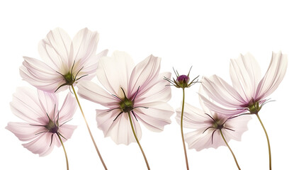  5 pale pink and white cosmos flowers in the wind against a white background