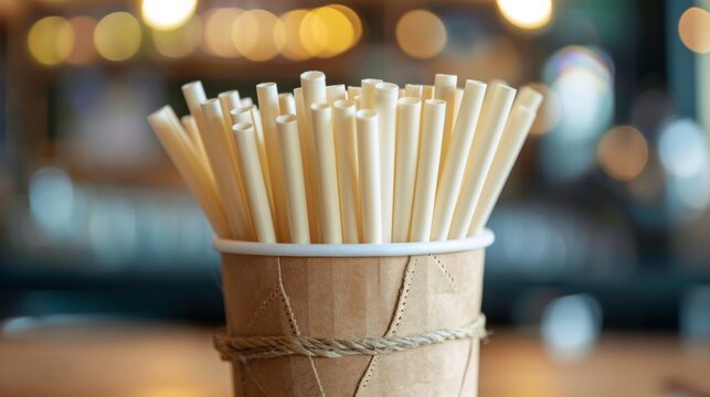 Closeup of compostable paper straws in a cardboard sleeve offering a sustainable alternative to singleuse plastic straws. .