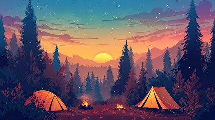 Camping background with tents, a campfire, and forest trees