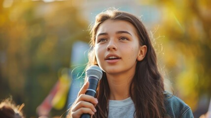 Closeup of a passionate young activist giving a speech at a rally against plastic pollution. Their words are powerful and inspirational stirring up a strong sense of urgency a the .