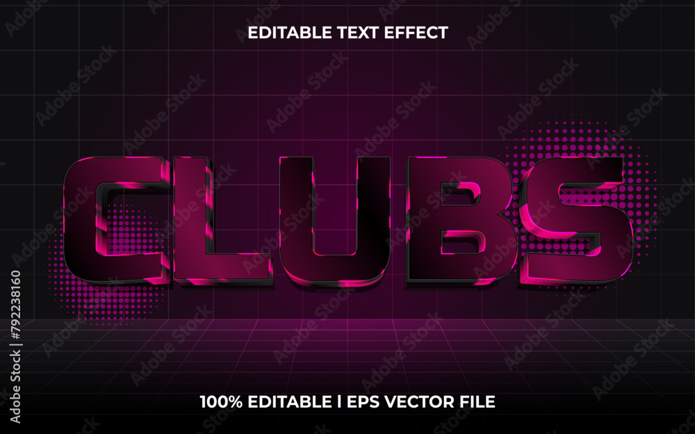 Poster clubs 3d editable vector text effect. glow style text effect.