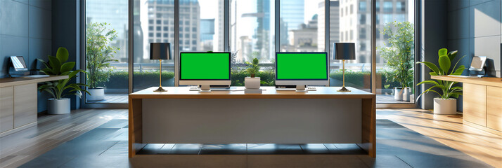 two computers with green screen on the table, in the office room