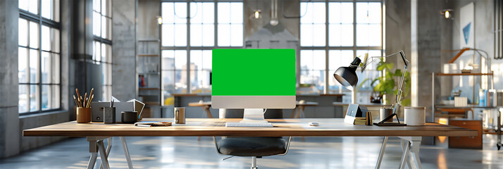 computer on a table in a room with a green screen