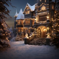Winter fairy-tale house at night with christmas trees and lights - obrazy, fototapety, plakaty