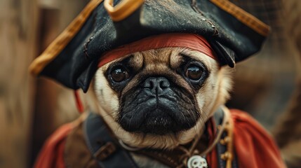 Pug dressed as a pirate with a patch over one eye and a hook