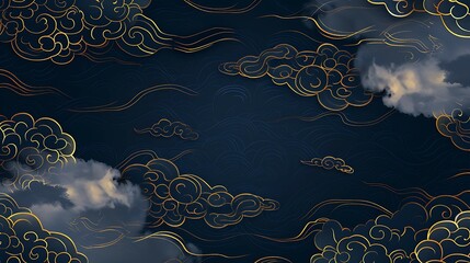 Minimalist dark blue background with golden clouds, chinese style