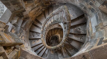 Spiral staircase in a medieval castle tower - obrazy, fototapety, plakaty
