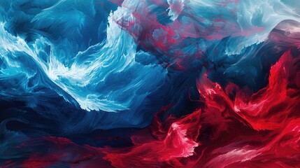 Stylized red and blue waves clashing