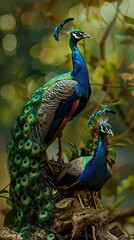Obraz premium Two peacocks displaying their feathers in a courtship dance