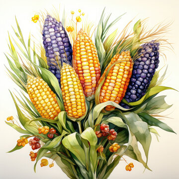 watercolor corn bouquet, colorful harvest clip art preview
