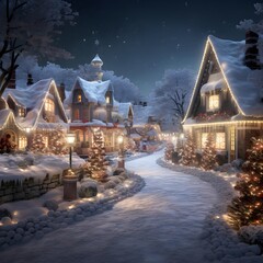 Digital painting of a small village at night with christmas decorations.